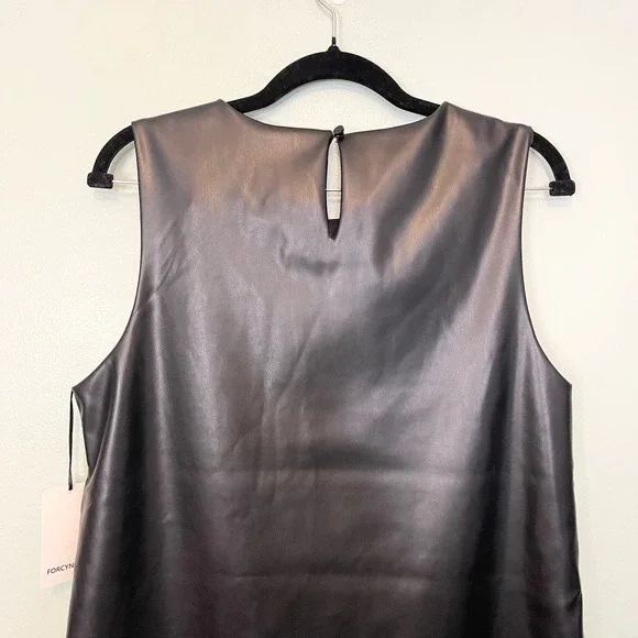 For Cynthia Black Vegan Leather Feathers Sleeveless Shift Mini Dress Large NWT - Picture 4 of 9